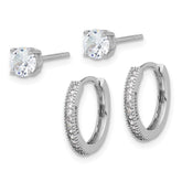 Sterling Silver Rh-plated CZ 2mm Hoop and 5mm Stud Post Earring Set